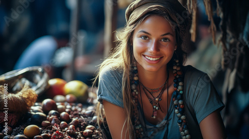 Young woman selling coffee beans in traditional South American market
