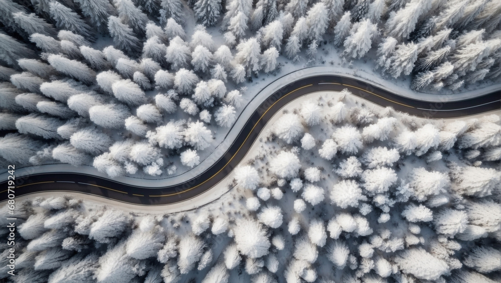 top view of a winding road in the middle of a snowy pine forest