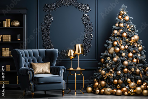 The holiday spirit of home decorations creates a festive Christmas backdrop, with copy space