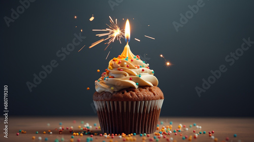 birthday cupcake with a candle on a black background