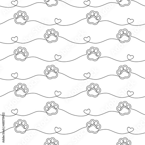 Paw seamless pattern. Repeating cute pet dog or cat background. Repeated modern footprint design for prints. Sample texture black and white silhouette foot. Repeat marks swatch. Vector illustration
