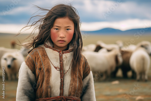 A Mongolian little girl in traditional clothing, standing proudly on the vast Mongolian steppe, with yurts in the distance and herds of livestock photo