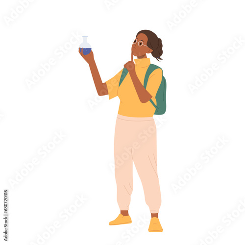 Smart woman geologist cartoon character looking at chemical glass with test sample isolated on white