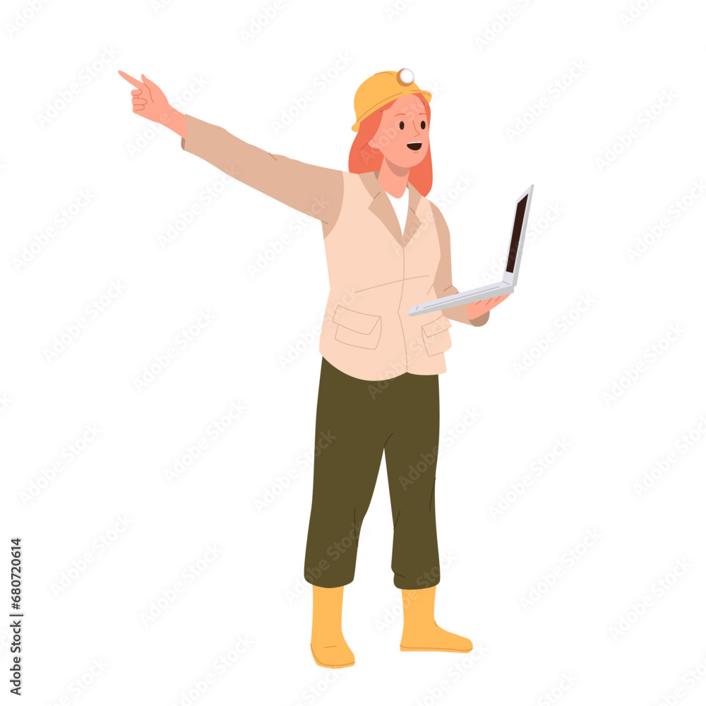Woman geologist flat cartoon character holding laptop providing successful scientific analysis Woman geologist flat cartoon character holding laptop providing successful scientific analysis