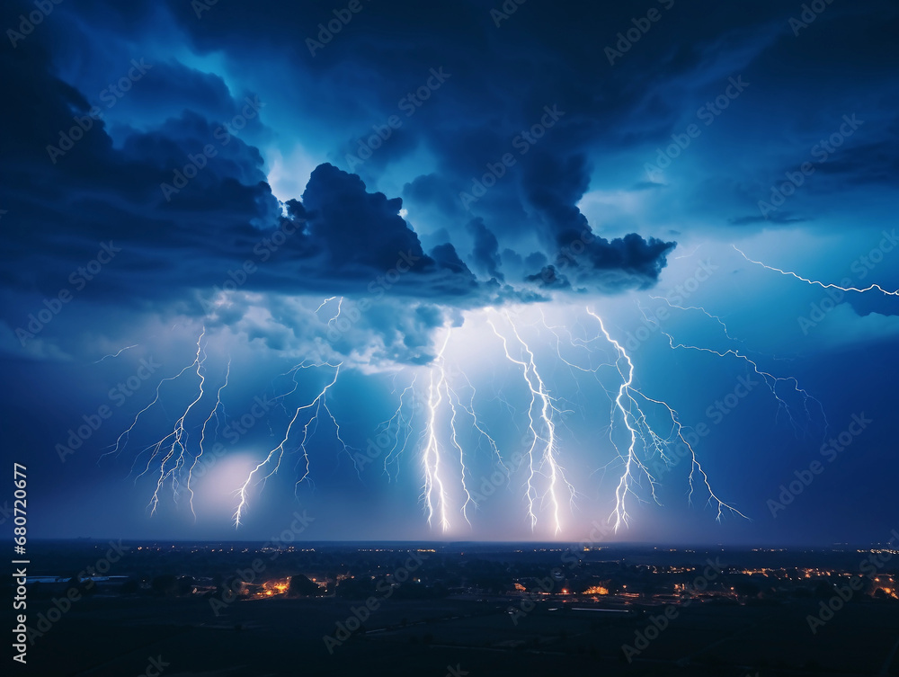 Dramatic skyscape during a thunderstorm, electric atmosphere, lightning bolts splitting the sky