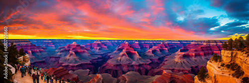 Grand Canyon at Dawn, pointillism style, myriad of colors for sky and rocks, expansive view