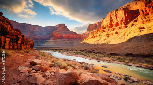 Grand Canyon at sunrise, golden light illuminating the red rocks, Colorado River visible, dramatic shadows