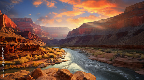 Grand Canyon at sunrise, golden light illuminating the red rocks, Colorado River visible, dramatic shadows