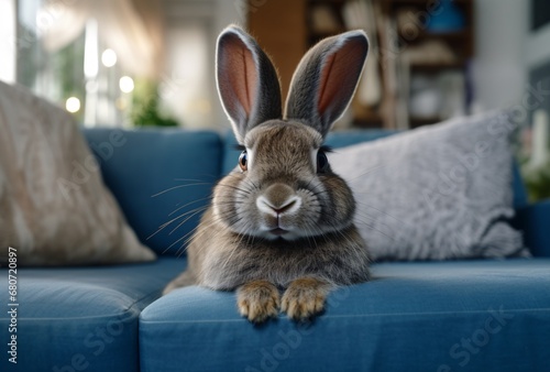 a gray rabbit standing on a couch in a living room  indigo and brown  suburban ennui capturer  wide angle lens