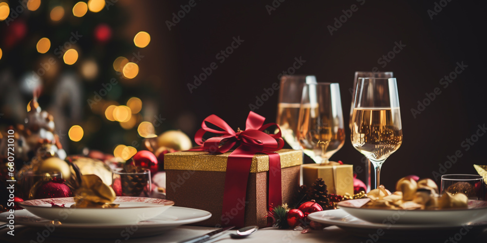 Christmas dinner set on table with alcohol, turkey and presents, holiday festive season