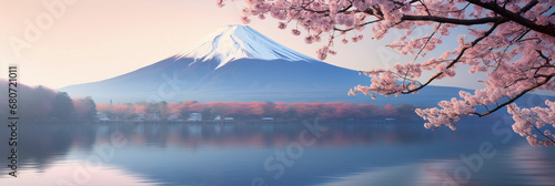 Mount Fuji with cherry blossoms, serene lake reflection, soft morning mist