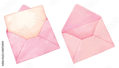 Open pink envelope  with letter blank paper watercolor vector photo