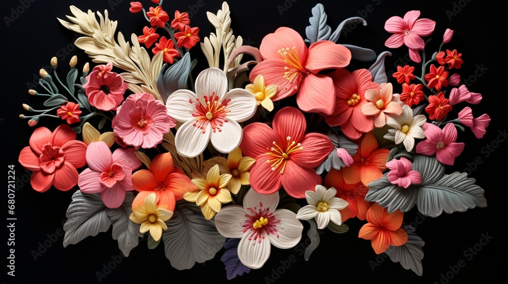 a group of colorful flowers on a black background, relief sculpture, hyper-realistic details, light red and white a group of colorful flowers on a black background, relief sculpture, hyper-realistic details, light red and white