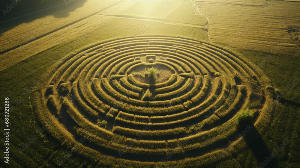 Aerial drone view of large crop circles in grain or grass field, concept of aliens and extraterrestrials