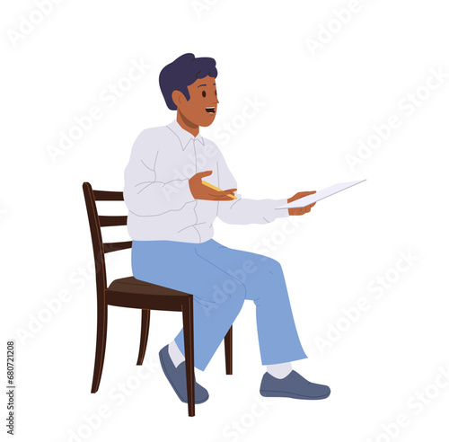 Male psychotherapist or psychologist cartoon character sitting on chair isolated on white background