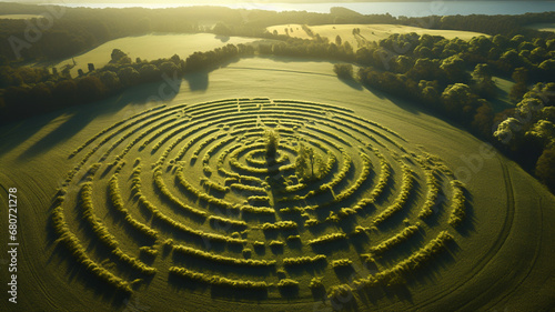 Aerial drone view of large crop circles in grain or grass field  concept of aliens and extraterrestrials