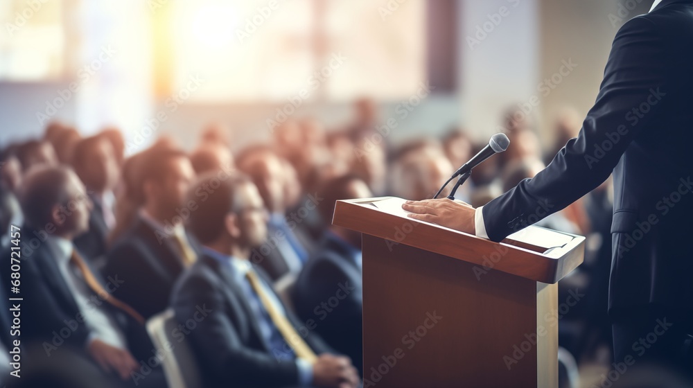 Confident presenter stands at a podium addressing an attentive audience in a spacious auditorium. Professional public speaking and engaging communication in a conference or lecture setting. - obrazy, fototapety, plakaty 