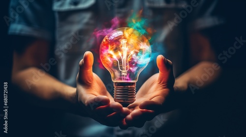Creative hand holds a light bulb, sparking colorful ideas
