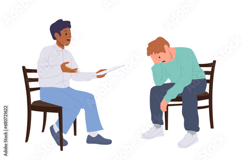 Male psychotherapist counseling man client with depression disorder during therapy session