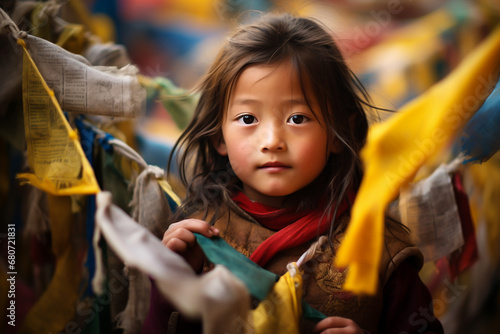 A Tibetan little girl in the serene landscapes of the Himalayas, surrounded by prayer flags, embodying the spiritual and tranquil atmosphere of the region.  photo