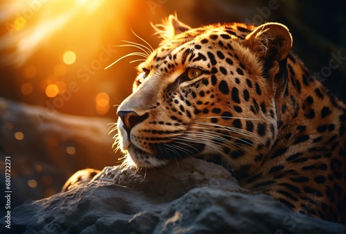 a leopard resting on a rock in the sunlight, lens flares, dramatic shadows, elegant
