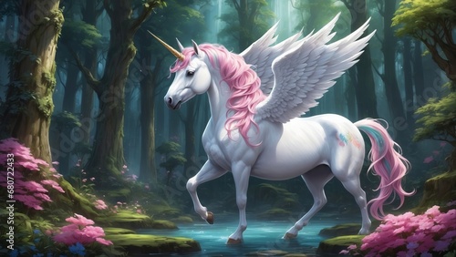 The unicorn is a legendary creature that has been described since antiquity as a beast with a single large  pointed  spiraling horn. 4K - 8K - 12K TV. Generative AI.