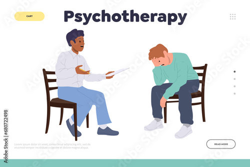 Psychotherapy online service landing page design template providing psychological aid for people
