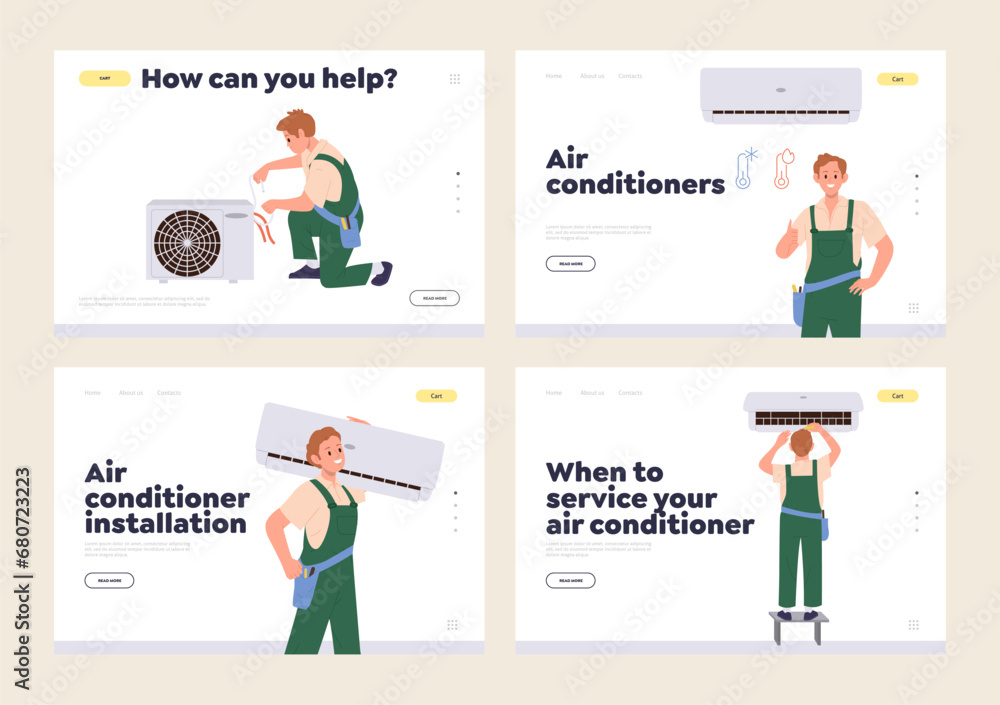 AC air conditioner installation, servicing and maintenance online service landing page isolated set AC air conditioner installation, servicing and maintenance online service landing page isolated set