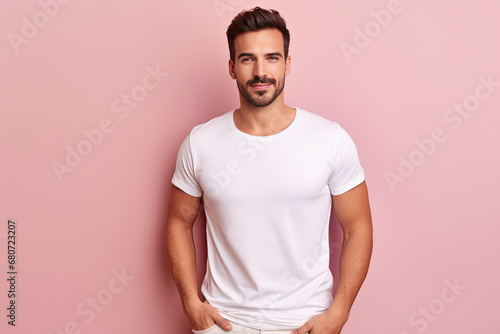 hombre español de treinta años con camiseta blanca sobre fondo rosa claro pastel photo