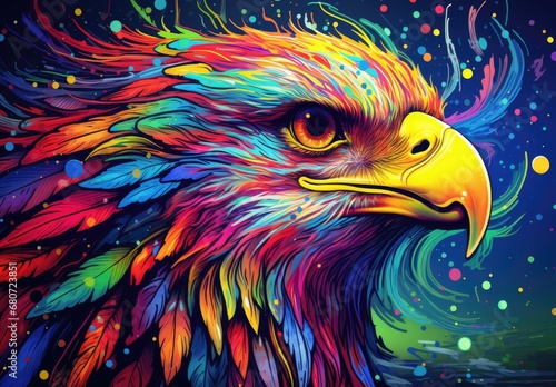 Eagle drawn with bright colors. Colorful image of eagle for advertising and design.