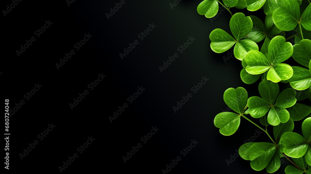Green clover leaves on a black background. St.Patrick 's Day. - obrazy, fototapety, plakaty 