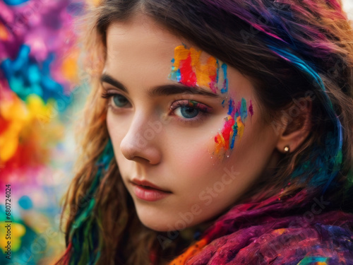 A beautiful girl with colorful eyes covered in paint