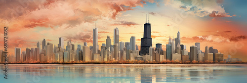 Melting Chicago skyline, Salvador Dali inspired, warped skyscrapers, surreal sky, pastel shades, sun setting