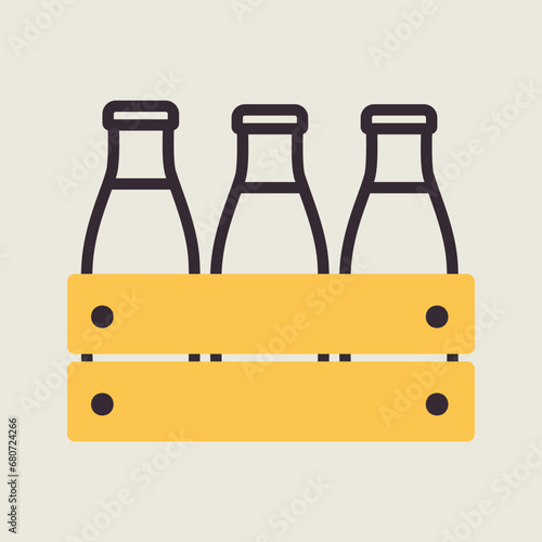 Milk wooden box. Milk bottles crate vector icon