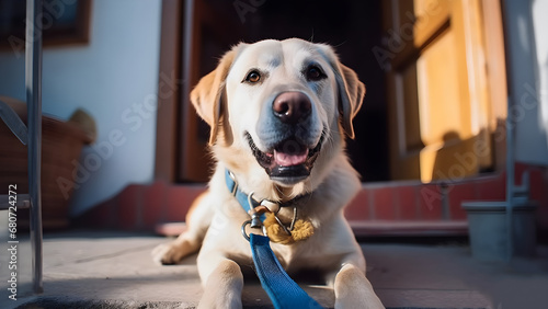 Patient Dog Waiting at the Door with Leash, Ready for a Walk - Capturing the Anticipation of Man's Best Friend