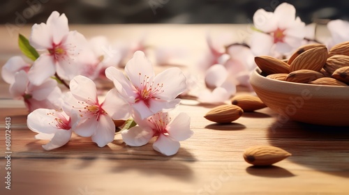 Almond nuts with almond blossoms on wooden tab
