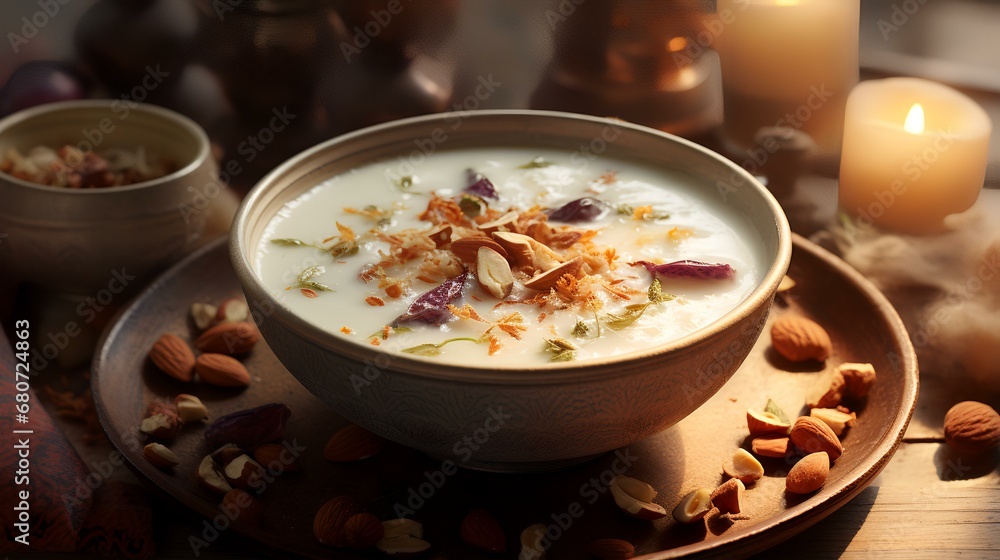 Bowl of Kheer garnished with a sprinkle of cho Bowl of Kheer garnished with a sprinkle of cho