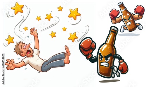 Punch drunk man swoon falling over and seeing stars while being chased by angry beer bottles wearing boxing gloves, he had one too many beers photo