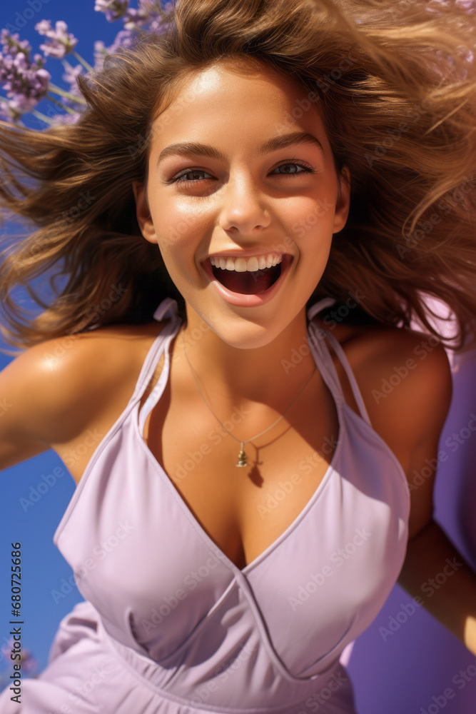Young woman in tight dress leaping against lavender wall. Young woman in tight dress leaping against lavender wall.