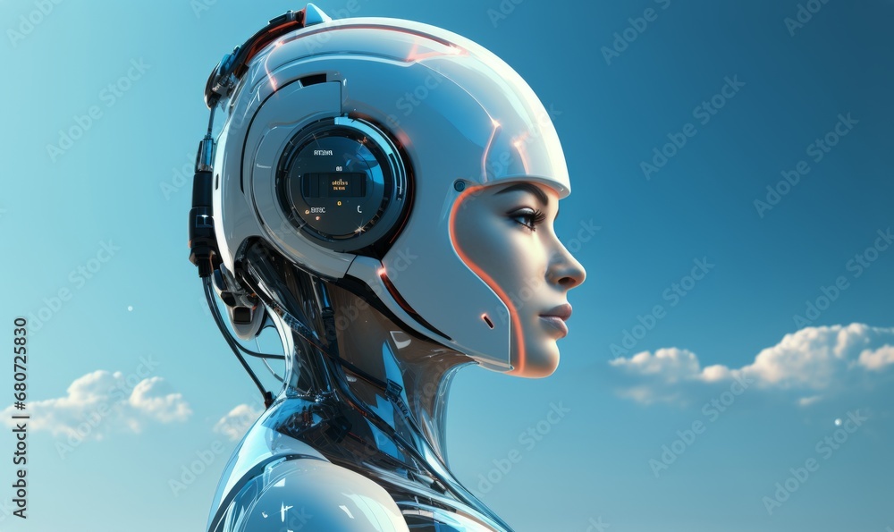 female robot wearing a futuristic helmet on blue background female robot wearing a futuristic helmet on blue background