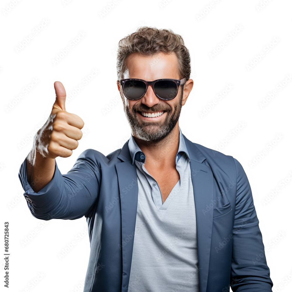 Happy man wearing sunglasses giving a thumbs up to the camera, AI Generative. Happy man wearing sunglasses giving a thumbs up to the camera, AI Generative.