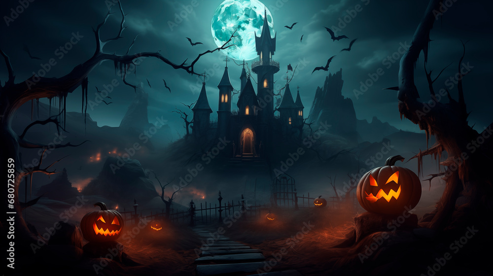 A scary castle at night on a full moon, bats flying and pumpkin-lanterns with scary faces everywhere, fog. Happy Halloween night. Dracula's castle, scary atmosphere