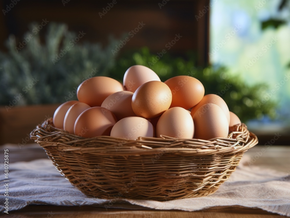 Eggs in a basket on a wooden table Eggs in a basket on a wooden table