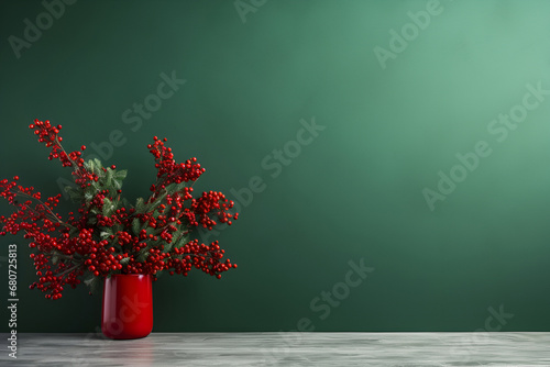 Sophisticated holiday display featuring a red vase with festive berries on a clean green surface. Copy space