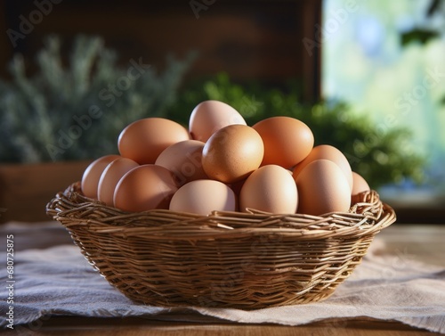 Eggs in a basket on a wooden table