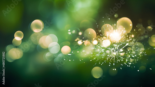 background with sparkler at new year`s eve party with bokeh of glowing green  lights for new fresh future in the next year or St. Patrick's Day invitation photo
