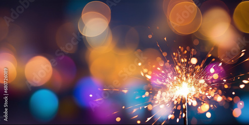 background with sparkler at new year`s eve party with bokeh of glowing colorful lights