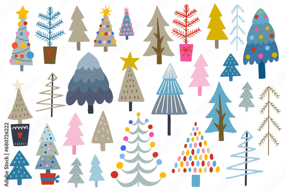 Set of Christmas vector illustrations, Christmas trees in Scandinavian style. Christmas decorations set. Winter holiday elements