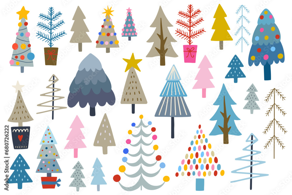 Set of Christmas vector illustrations, Christmas trees in Scandinavian style. Christmas decorations set. Winter holiday elements Set of Christmas vector illustrations, Christmas trees in Scandinavian style. Christmas decorations set. Winter holiday elements