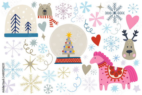 Set of vector illustrations of snowflakes, pink horse, deer face, snow globe. Christmas decorations set. Winter holiday elements